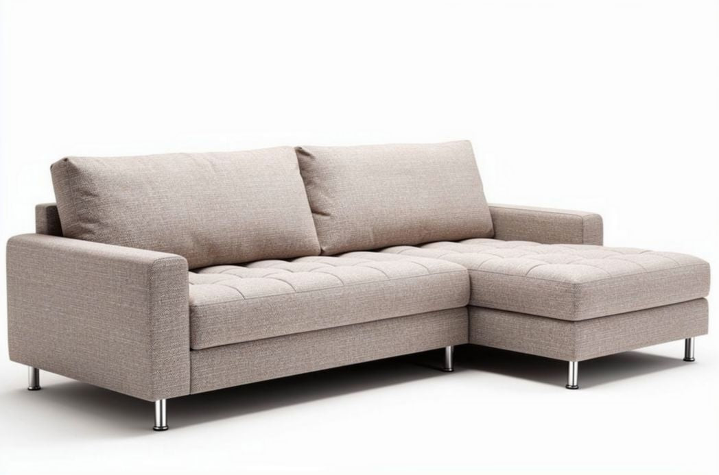Hoekbank van stof in lichtgrijs met afmetingen 200 x 90 x 85cm
