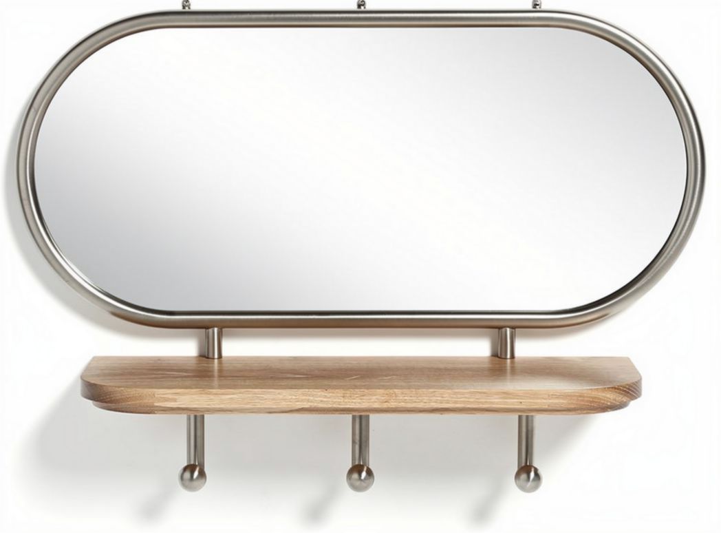 Muurspiegel met houten plank en metalen haken 80 x 40 x 15cm