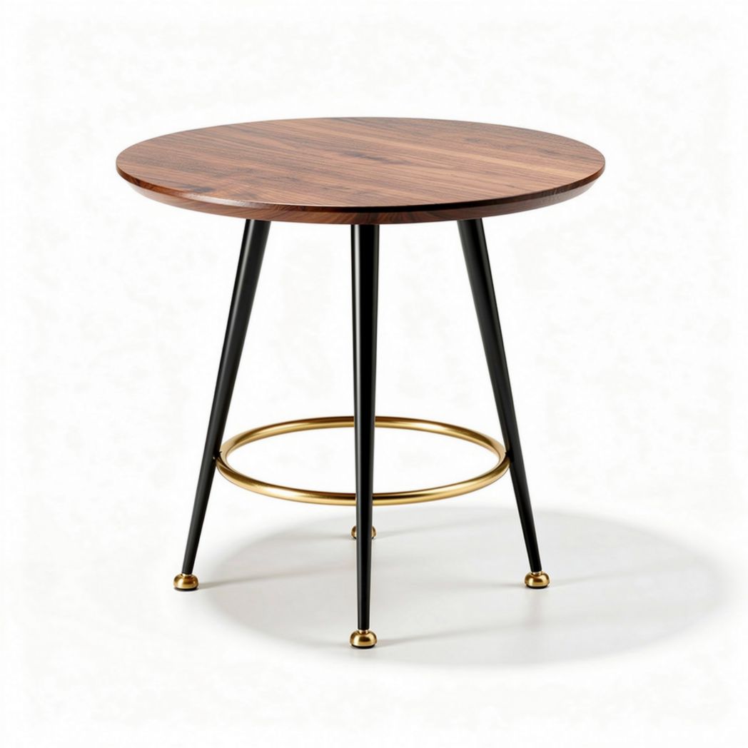Rond houten eettafel met metalen poten en gouden ring 70 x 70 x 75cm
