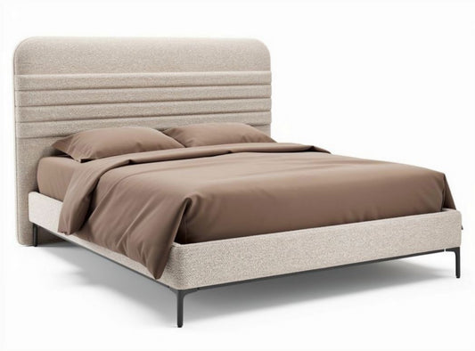 Bed met gestoffeerde hoofdbord en bruin beddengoed 200 x 160 x 100cm