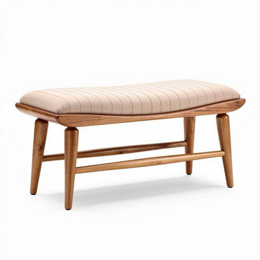 Houten bankje met gestreepte beige zitting 90 x 40 x 45cm