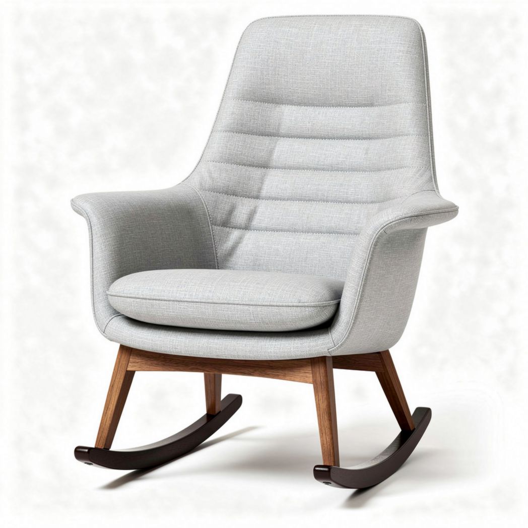 Schommelstoel van lichtgrijs stoffen bekleding met houten poten 80 x 70 x 90cm